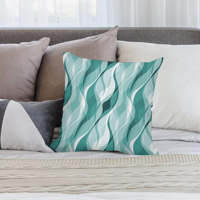 Teal Throw Pillow Covers Abstract Turquoise and Grey Striped Decorations - Image 4