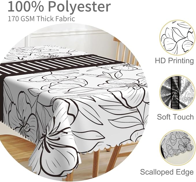 54x86inches Floral Rectangle Tablecloth Black and White Sketch Floral Printed - Image 3