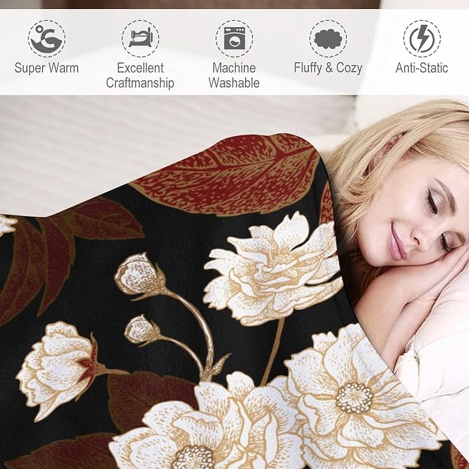 Red Gold Floral Blanket, Boho Dark Flower Leaves Chinese Plum Blossoms - Image 4