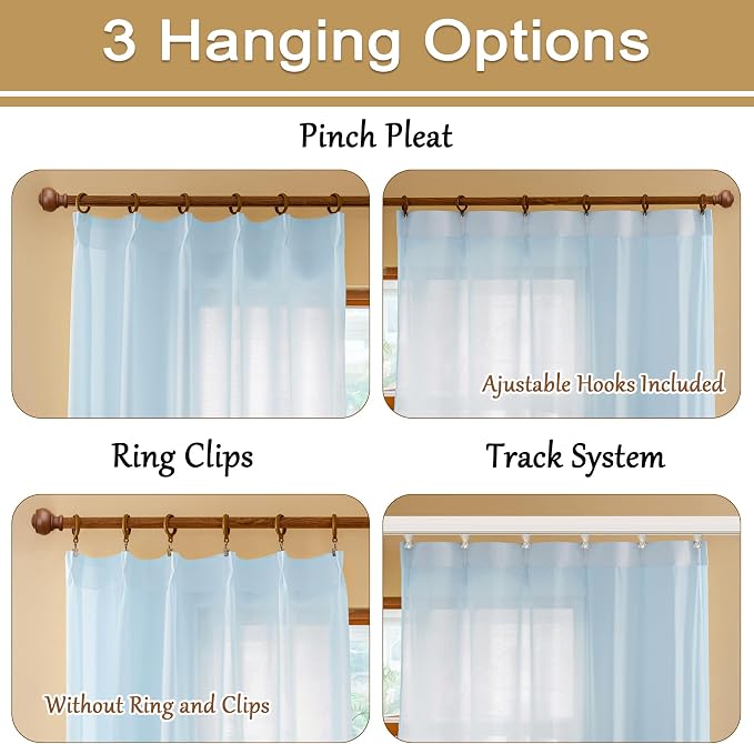 Light Blue Sheer Pleated Curtains 84 Inch Length - Image 2
