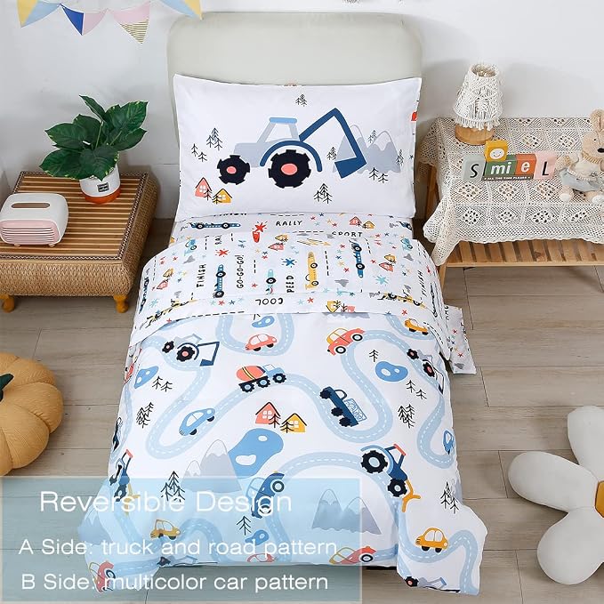 PERFEMET 5-Piece Kids Comforter Full Size Set Reversible Trucks Cars Bedding - Image 3