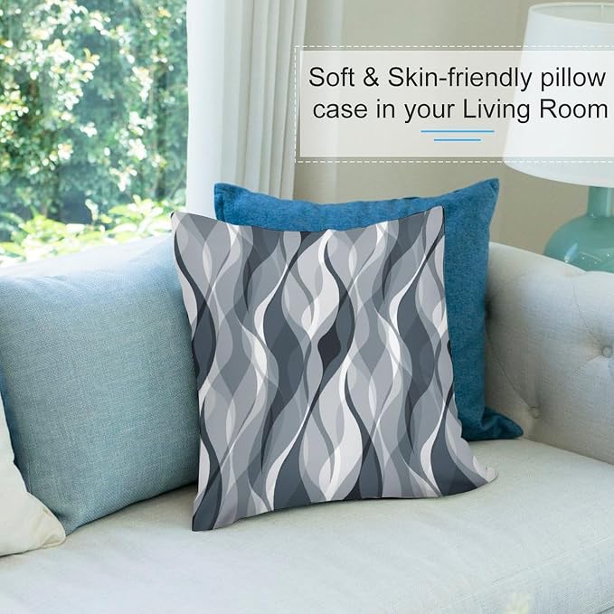 Blue Throw Pillow Covers Modern Abstract Blue and Grey Striped Decorations - Image 5
