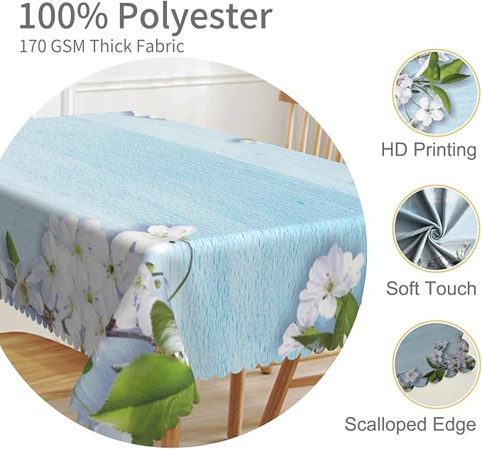 70x108inches Blue Wooden Rectangle Tablecloth Cherry Blossom Flowers Border - Image 3