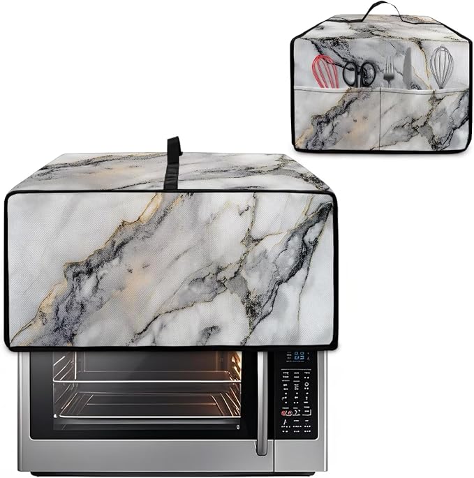 White Marble Texture Print Microwave Oven Dust Cover Sturdy Polyester-Linen - Image 2