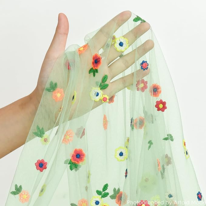 Artoid Mode Sage Green Embroidery Daisy Gauze Table Runner 120 Inch 10FT - Image 6
