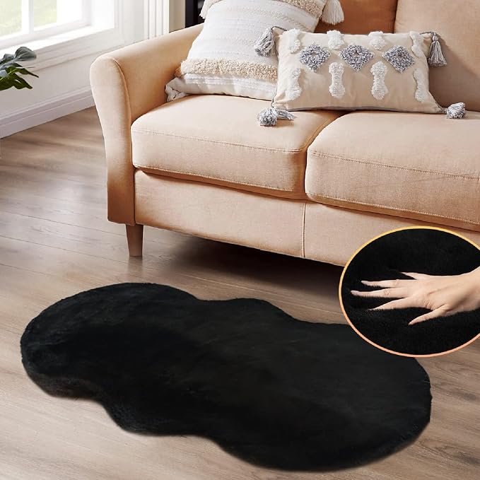 Black Faux Rabbit Washable Fur Area Rugs by ORINOVA