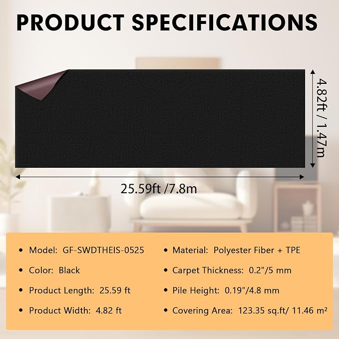 Marine Carpet, 5 FT x 25 FT Black Indoor Outdoor Carpet 0.2" Thick - Image 2