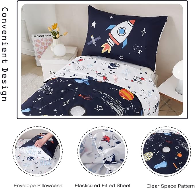 PERFEMET 4 Pcs Toddler Bedding Dark Blue Outer Space Printed Toddler Bed Set - Image 5