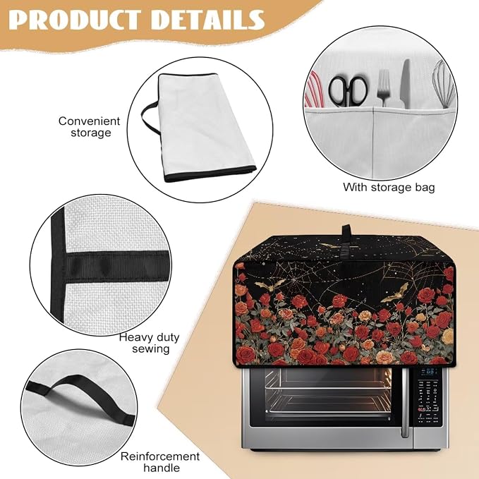 Red Rose Bat Cobweb Print Microwave Oven Dust Cover Polyester-Linen Fabric Dust - Image 6