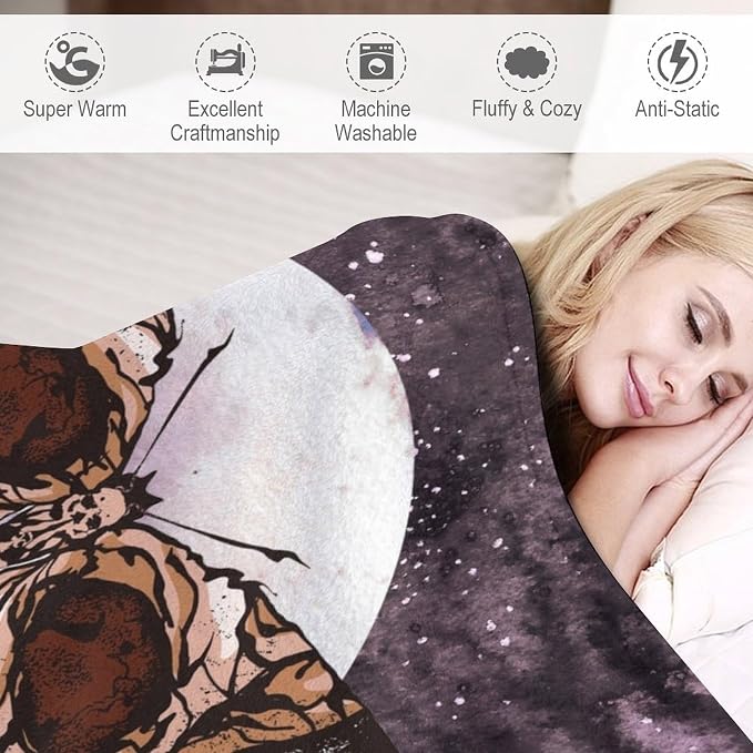 Death Moth Blanket, Boho Gothic Skull Moth Purple Starry Plant Full Moon - Image 4