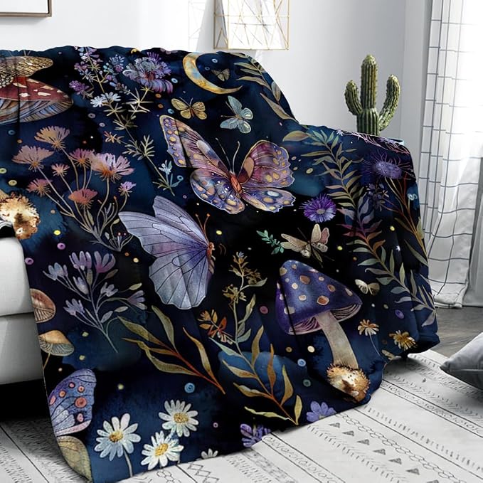 Celestial Witch Garden Throw Blankets Butterfly Moon Flower Fleece Throw Blanket - Image 2