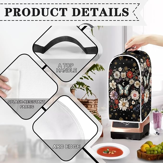 Floral Butterfly Blender Cover Dust Cover Black Insulated Kitchen Appliance - Image 4