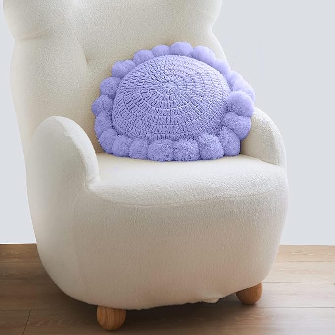 Boho Round Throw Pillow with Cute Handmade Pom Poms Tassels 18 Inch, Decorative - Image 7