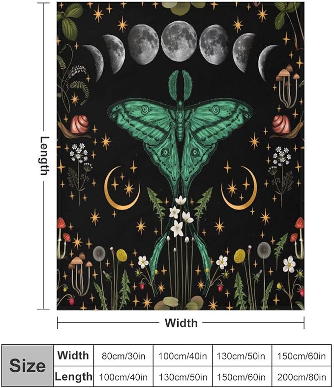 Moon Phase Moth Blanket, Vintage Botanical Mushroom Wildflower Gothic Night - Image 2