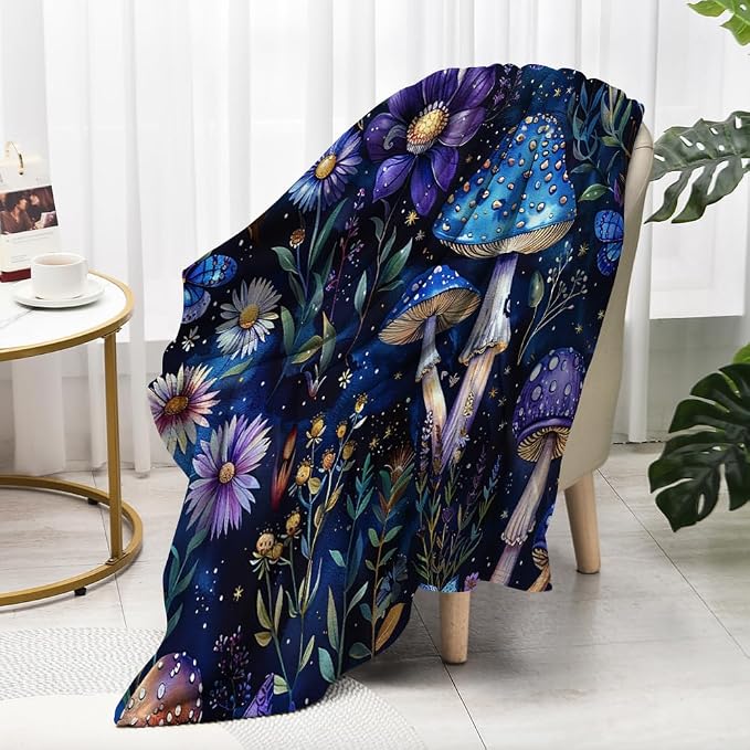 Cute Whimsical Mushroom Throw Blanket Aesthetic Dark Botanical Florals Throw - Image 5