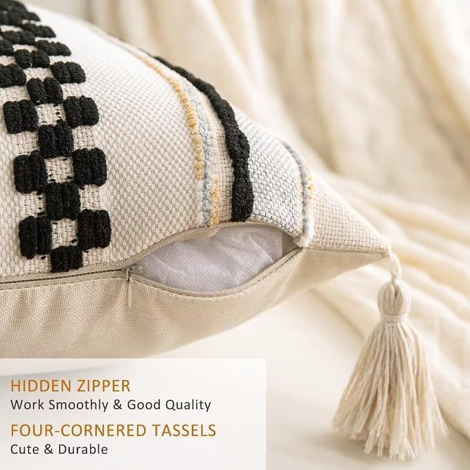 Boho Throw Pillow Covers 18x18 Set of 2 Woven Tufted Farmhouse Pillows Cover - Image 3