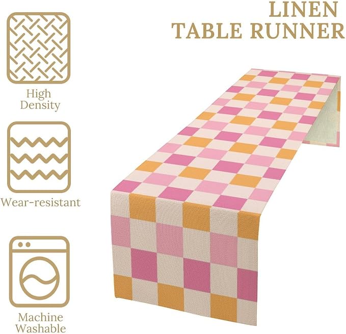 Pink Checkered Table Runner, Vintage 70s Abstract Cute Modern Hippie Table - Image 5