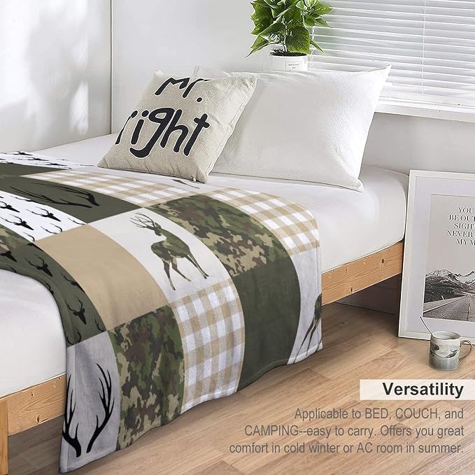 Camouflage Deer Blanket, Vintage Camo Green Beige Plaid Rustic Cabin Wildlife - Image 5