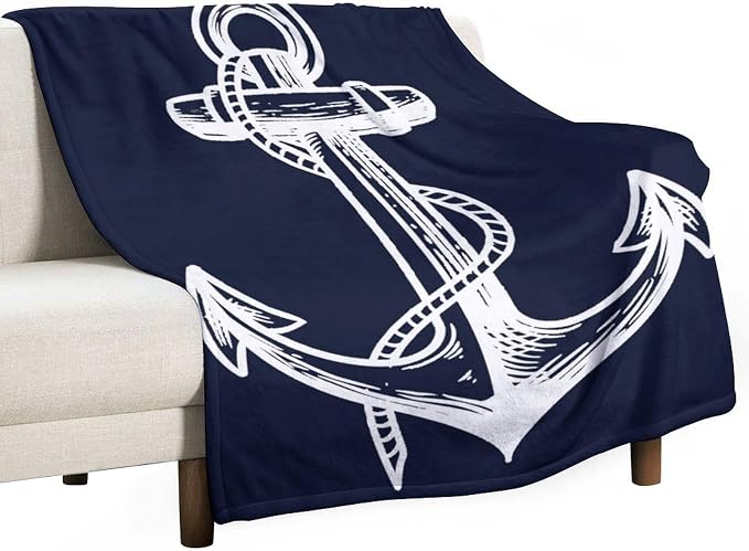 Anchor Blanket Retro Abstract Nautical Navy Blue White Soft Cozy Lightweight by JADERYS