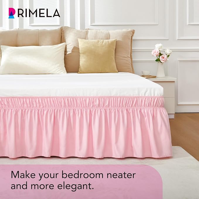 RIMELA Pink Bed Skirt Queen Size 15 Inch Drop Elastic Wrap Around Dust Ruffle - Image 4