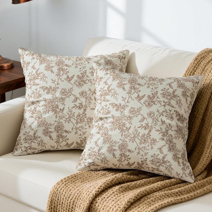Brown Floral Pillow Cover 18x 18 Set of 2, Vintage Block Print Blooming Flower by RinRinfam