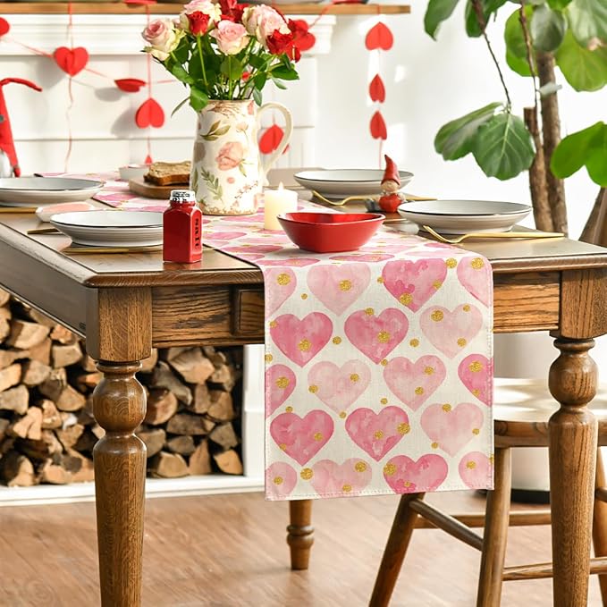 Artoid Mode Golden Pink Love Table Runner, Seasonal Anniversary Kitchen Dining - Image 3
