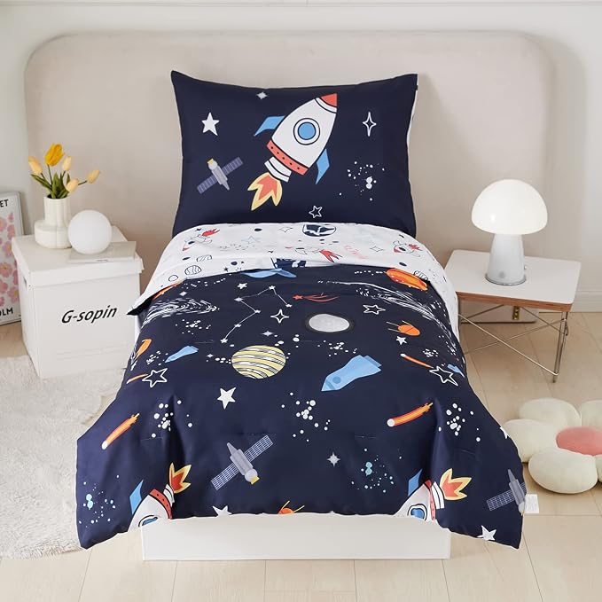 PERFEMET Twin Comforter Set 4 Piece Kids Space Rockets Comforter Bed in A Bag by PERFEMET