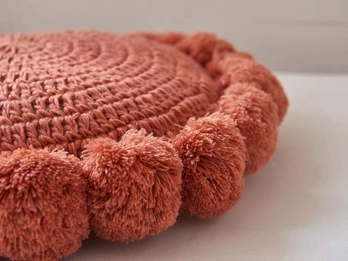 Boho Round Throw Pillow with Pom Poms Fringe Tassels, Bohemian Cute Decorative - Image 7