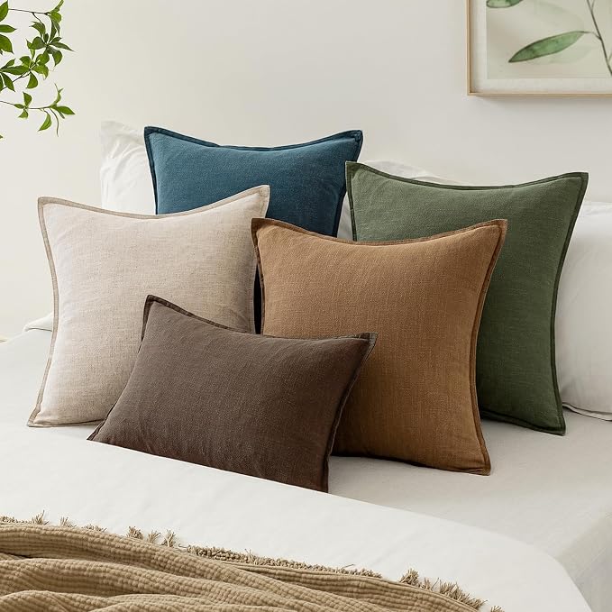 EMEMA Decorative Linen Throw Pillow Covers 24x24 Inch Dark Olive Green Boho - Image 3