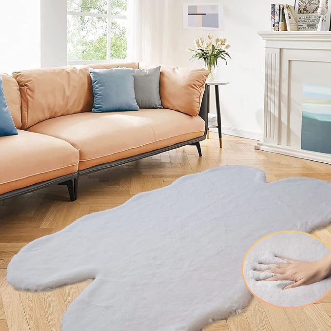 Grey Faux Rabbit Washable Furry Fur Area Rugs by ORINOVA