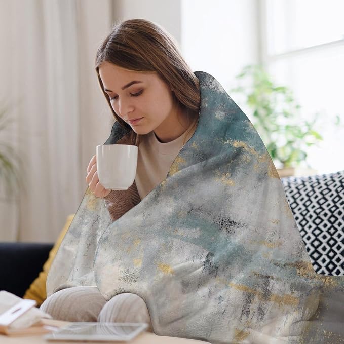 Fashion Gradient Blanket, Modern Art Baroque Gold Grey Green Painting Strokes - Image 7