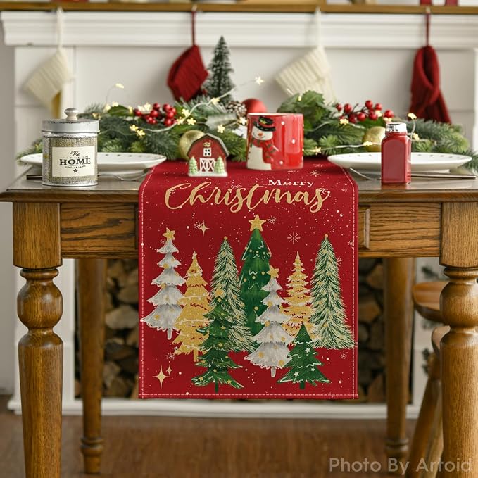 Artoid Mode Xmas Trees Merry Christmas Table Runner, Seasonal Winter Red - Image 2