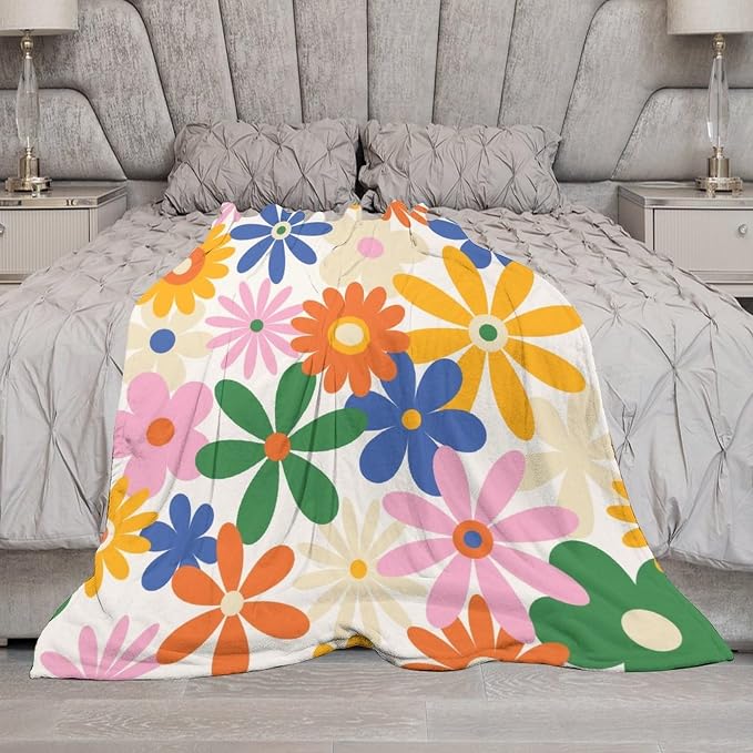 70s Retro Flower Throw Blanket, 60s Vintage Groovy Daisy Flowers Boho Hippie - Image 7