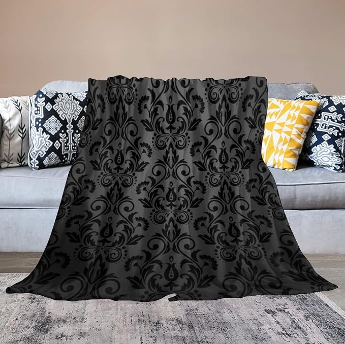 Black Damask Blanket, Antique Victorian Style Gothic Vintage Black Floral - Image 6