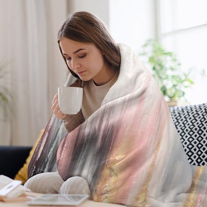 Fashion Gradient Blanket, Modern Art Baroque Gold Grey Pink Painting Strokes - Image 7