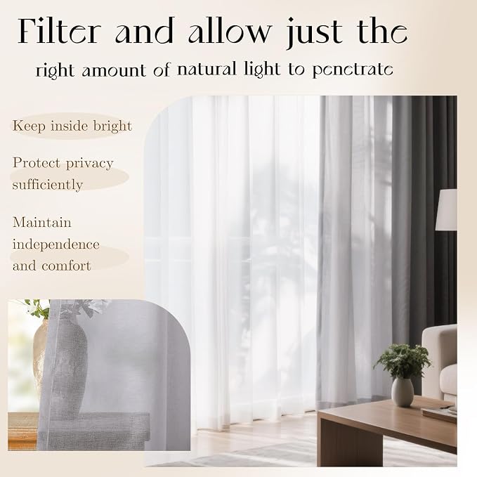Dreaming Casa Grey Sheer Curtains 84 Inches Long, Rod Pocket & Back Tab Light - Image 3