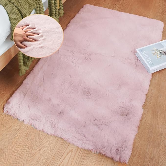 Pink Fuzzy Faux Washable Fluffy Fur Area Rugs by ORINOVA