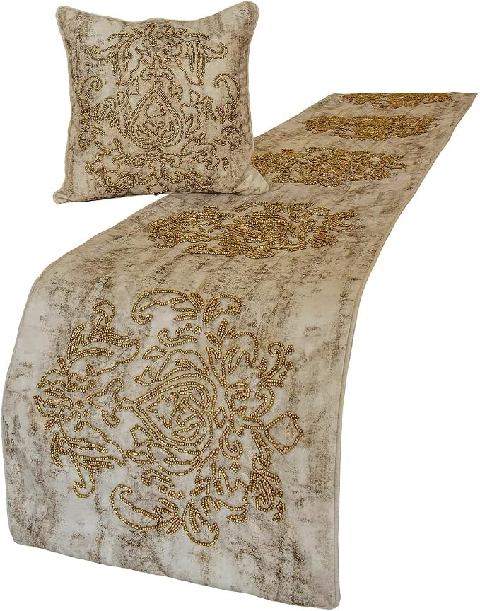 The HomeCentric King/Queen/Twin Ivory & Gold Decorative King 90"x18" Bed Runner by TheHomeCentric