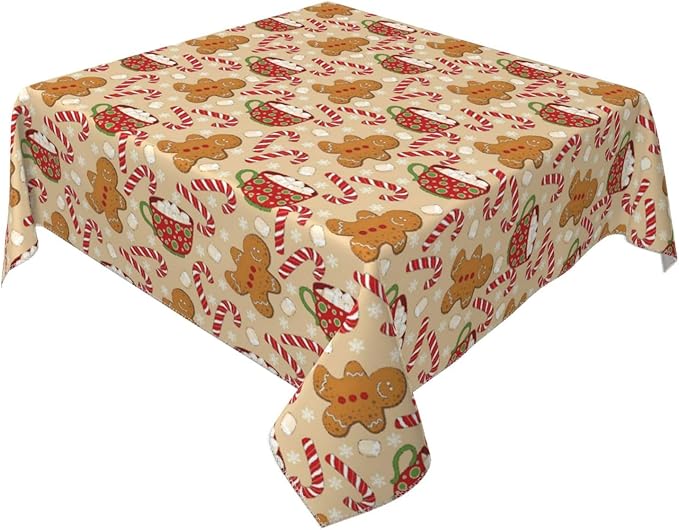 Christmas Tablecloth Square 60×60 Inch, Gingerbread Man Candy Cane Holiday by QANOK