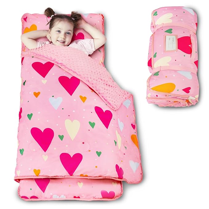 Toddler Nap Mat with Pillow and Minky Blanket, Large 55"x35" Sleeping Bag by Beavtaens