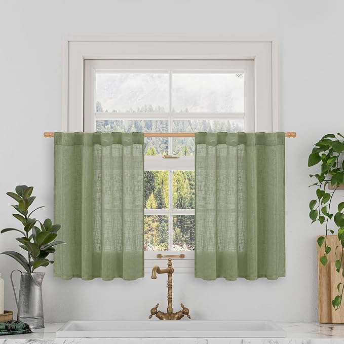 LAMIT Short Linen Window Curtains 30 Inches Long 2 Panels, Sage Green Semi by LAMIT
