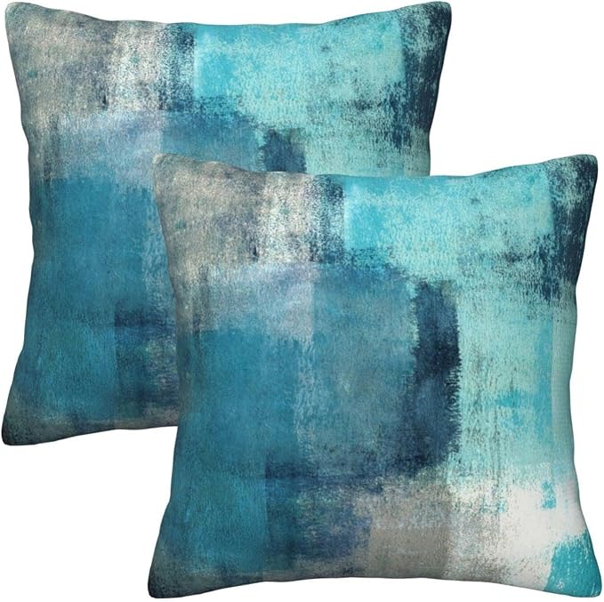 bassyil Teal Grey Abstract Art Painting Throw Pillow Covers Decorative Linen - Image 2