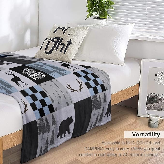 Bear Cabin Plaid Blanket, Rustic Retro Bear Deer Patchwork Gray Blue Farmhouse - Image 5