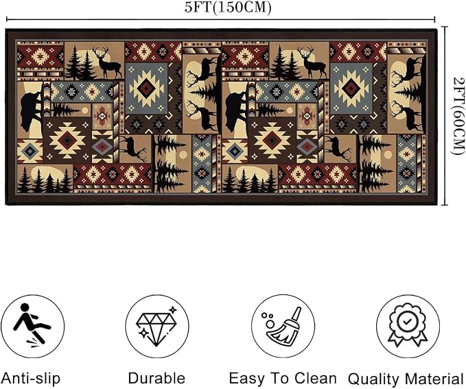 Rustic Cabin Wildlife Runner Rug 2x5, Buffalo Plaid Bear Moose Deer Country - Image 2