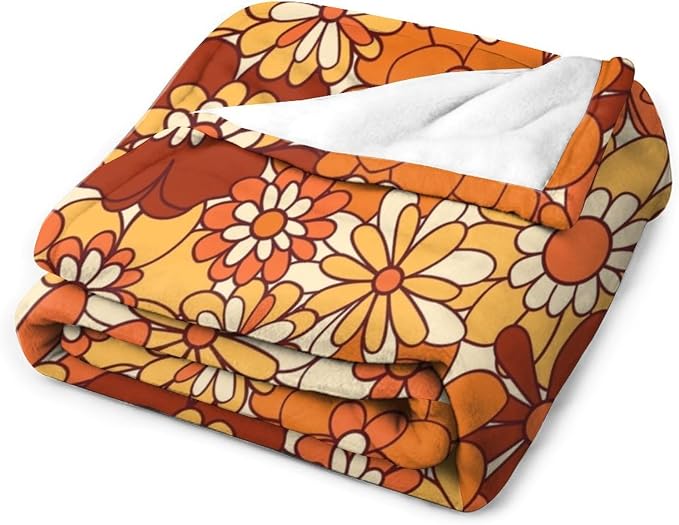 Vintage 70s Throw Blanket, Boho Hippie Bright Orange Flowers Groovy Abstract - Image 3