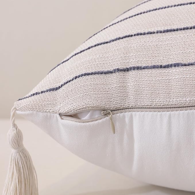 Decorative Boho Throw Pillow Cover 18x18 Inch Set of 2, Textured Linen Striped - Image 5