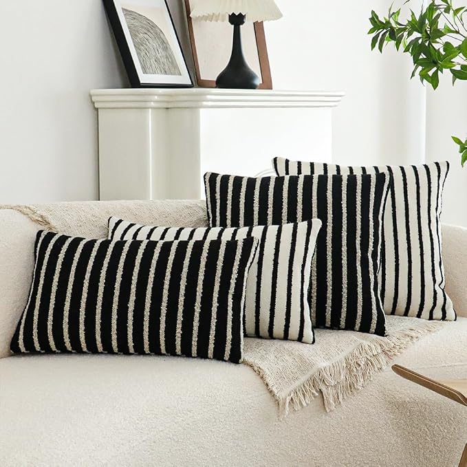 Jonhier Black Striped Boho Throw Pillow Cover, Modern Boucle Textured Square - Image 5
