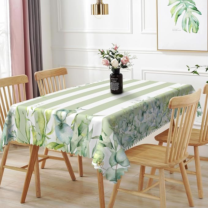 60x84inches Green and White Stripes Tablecloth Watercolor Green Eucalyptus by TTQYFNM