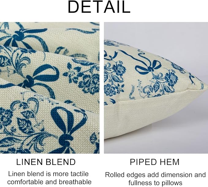 Vintage Blue Flower Pillow Cover 18x 18 Set of 2, Chinoiserie Floral Bow - Image 2