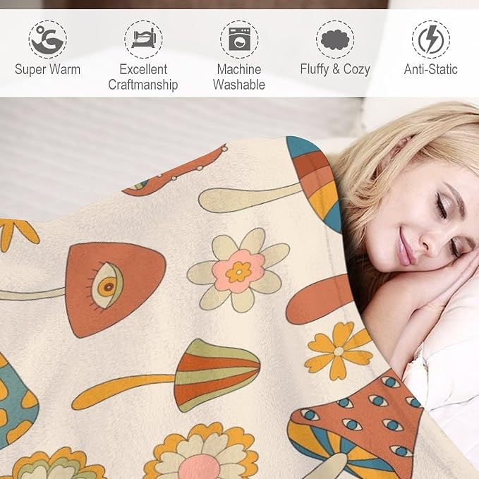 70s Mushroom Throw Blanket, Retro 60s Groovy Mushroom Boho Hippie Flowers Print - Image 4